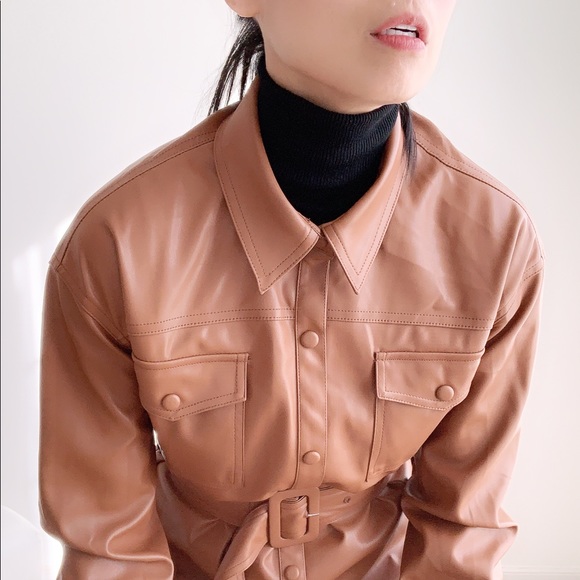 BELTED FAUX LEATHER JACKET - Tan - Picture 5 of 6